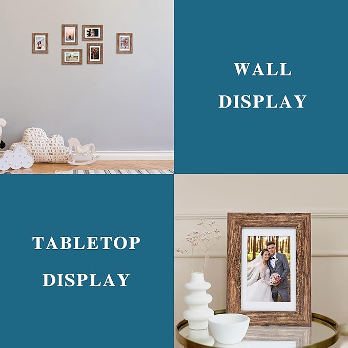 5x7 Picture Frame Set of 4, Made of Real Glass and Rustic Brown Wooden Frame, 5 by 7 Photo for Wall or Tabletop - Display Picture 4x6 with Mat or 5x7 Without Mat