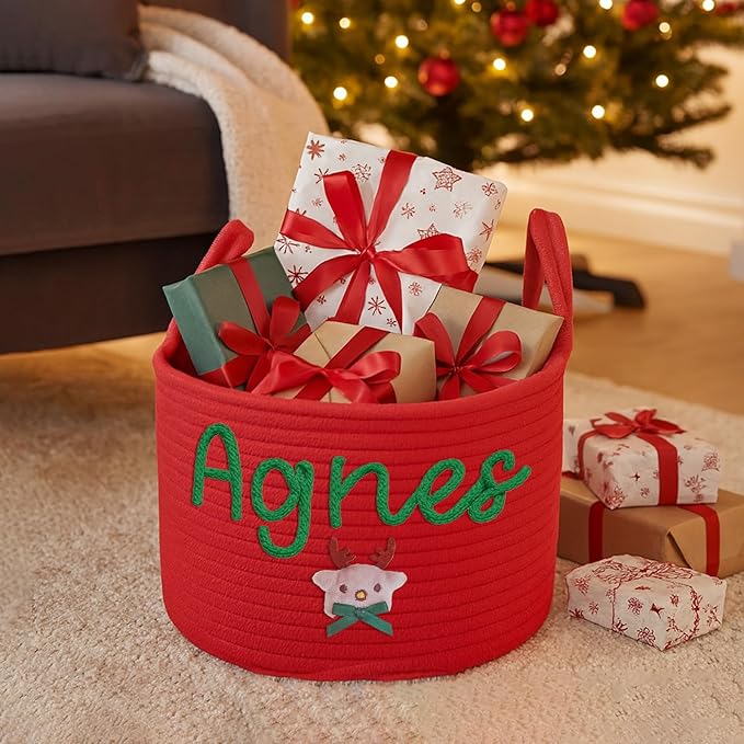 Custom Christmas Baskets for Gifts Empty, Personalized Woven Gift Basket with Kids Name, Baby Toy & Gifts Storage Basket With Name, Christmas Gift for Baby Kids Toddler
