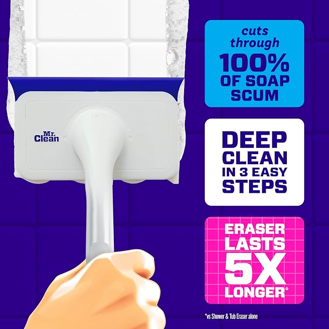 Mr. Clean Magic Eraser Shower & Tub Scrubber, Bathroom Cleaner, All in One Bathroom Cleaner, Lemon Starter Kit, 1 Scrubber & 2 Foaming Magic Erasers