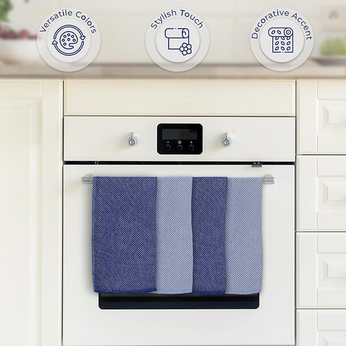 Decorative Tea Towels Set - 4 Pack, (20" x 30") - Large & Flour Sack - Versatile as, Kitchen Tea Towels, Decorative Dish Towels, Kitchen Hand Towels, Soft Kitchen Towels, Light and Navy Blue