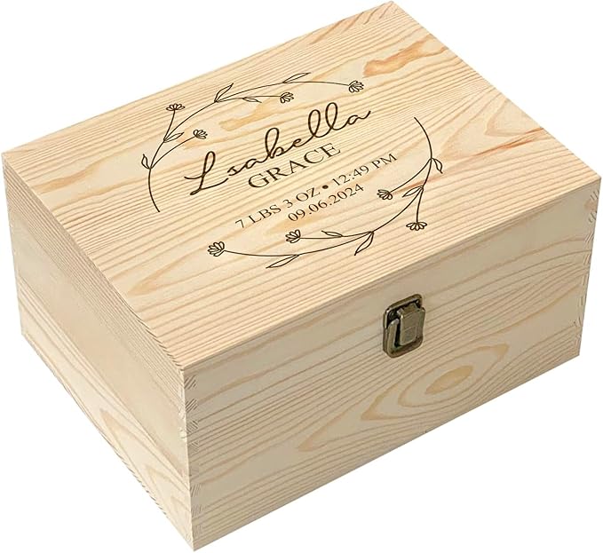 Large Personalized Baby Keepsake Box, Pine Wood 11.8x8x6.2 inches Memory Box for Keepsakes Custom Engraved Newborn Gift Box with Lid, Baby Shower Gifts for Boys Girls Keepsake Chest