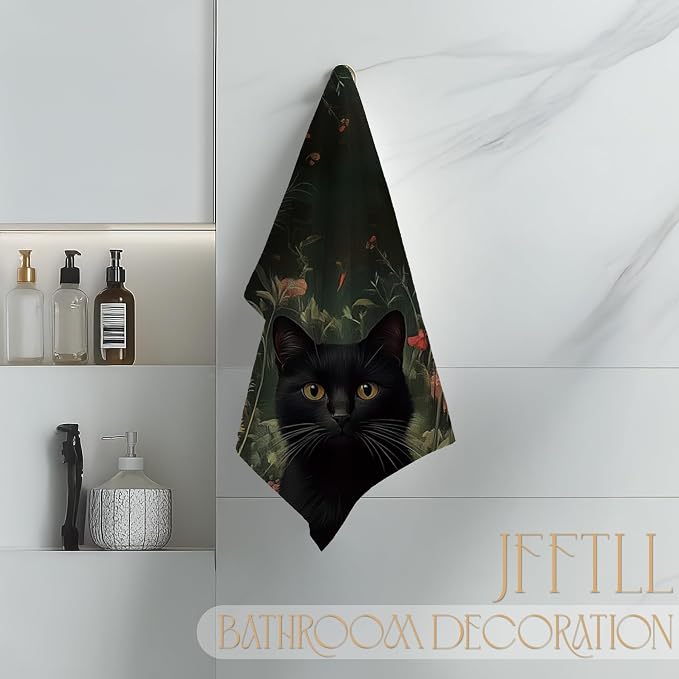 Vintage Floral Black Cat Kitchen Towels, Cat Lover Gifts Dish Tea Towels for Kitchen Decor, Dark Academia Botanical Kitty Decorative Hand Towel for Bathroom, 16x24 Inch