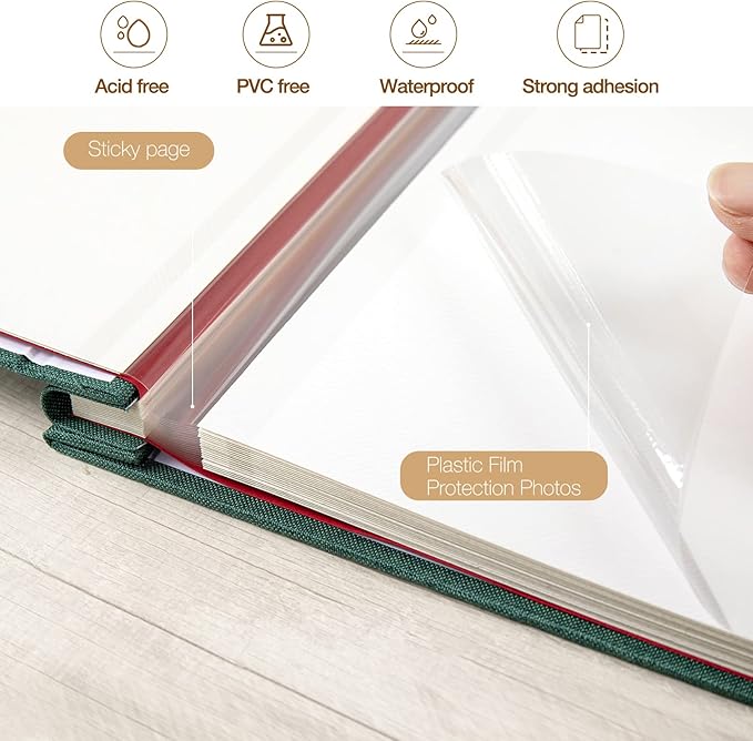 potricher Large Photo Album Self Adhesive 4x6 5x7 8x10 Pictures Linen Cover 40 Blank Pages Magnetic DIY Scrapbook Albums with A Metallic Pen (Dark Green)