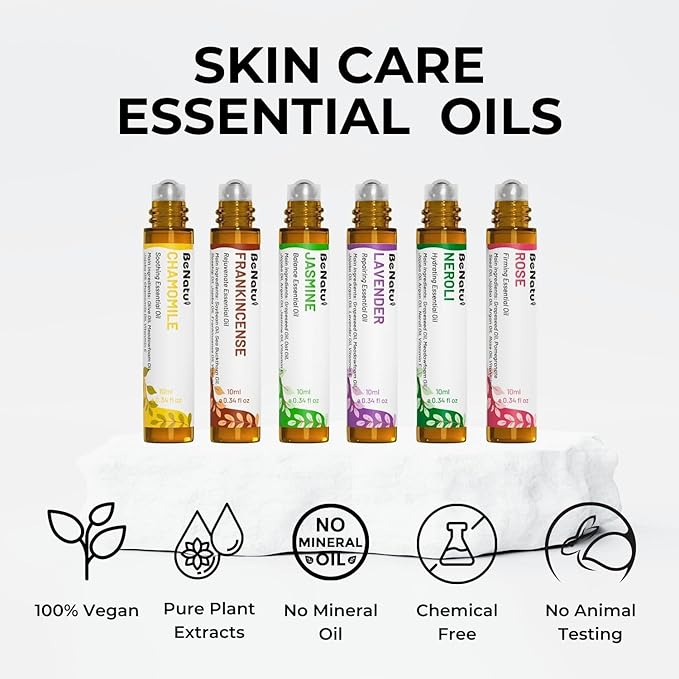 benatu 6-Pack Facial Essential Oils - Skin Care Set, 100% Pure Plant Extraction, Safe for Sensitive Skin, Non-Sticky, Easy to Absorb, Cruelty-Free, Vegan, No Mineral Oil, Parabens