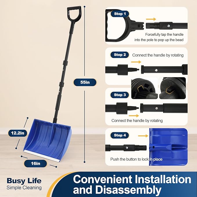 Yocada Snow Shovel for Driveway Home Garage Snow Removal 55 inch Long with D-Grip Handle Aluminum Strip Large Capacity Shovel for Garden Car Camping Outdoor