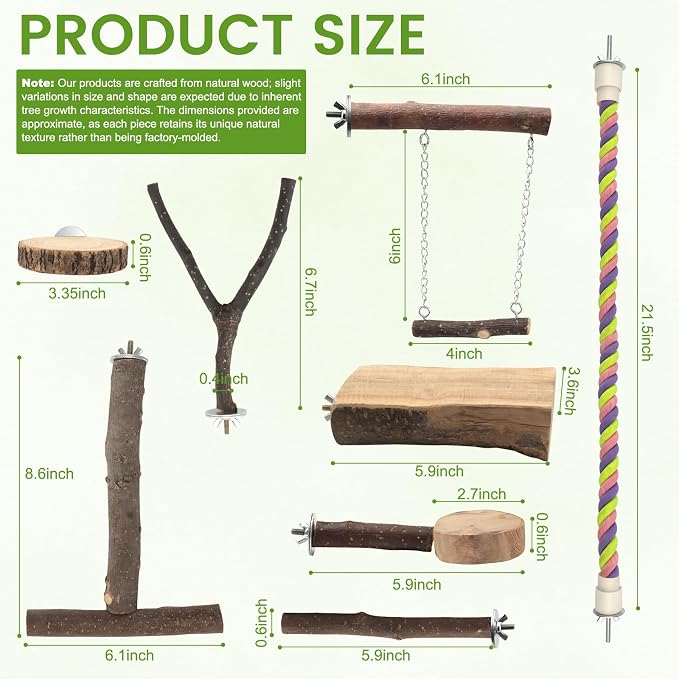 8 Pcs Natural Wood Bird Perch Swing & Bird Rope Platform Set | Fits Small/Medium Parrots (Budgies, Conures) | Multi-Level Cage Gym for Climbing | Safe Chewing | Tool-Free Mount