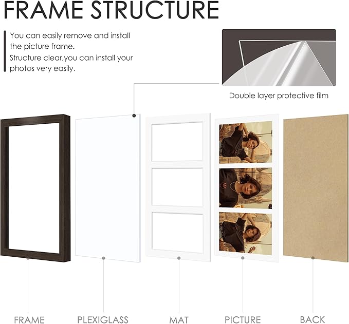 8x16 Collage Picture Frame,5x7 Collage Picture Frame Displays Three 5x7 inch Photos, or 8x16 (Without Mat) for Available Horizontal Wall Mounting Display and Vertical, Walnut.