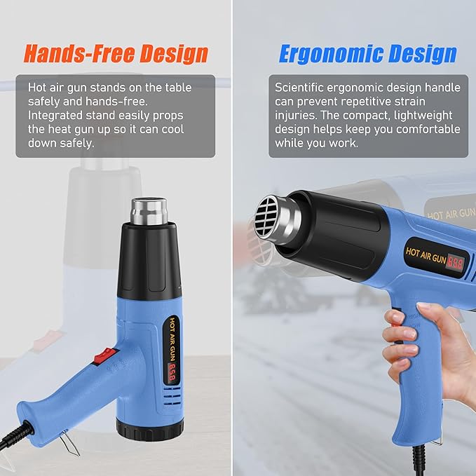 Side Digital Display Heat Gun, Quick heating Heat Gun' set, Variable Temperature control 122 ℉~1202 ℉ Overheat protection, With 4 Nozzles, Suitable for Heat shrink tubing and PVC softening