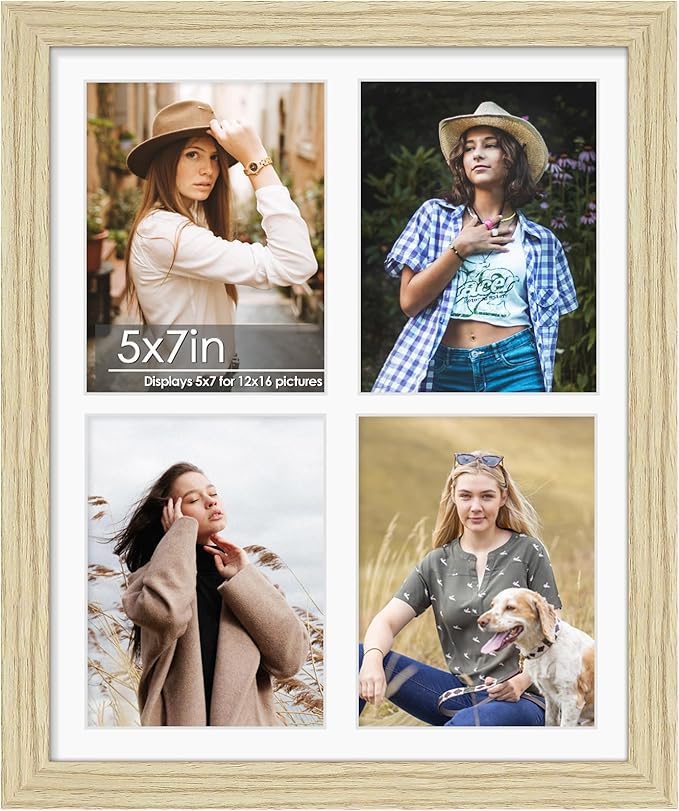 12x16 Picture Frame 5x7 Collage Picture Frame Displays Four 5x7 inch Photos or 12x16 (Without Mat) for Available Horizontal Wall Mounting Display and Vertical Wood Color