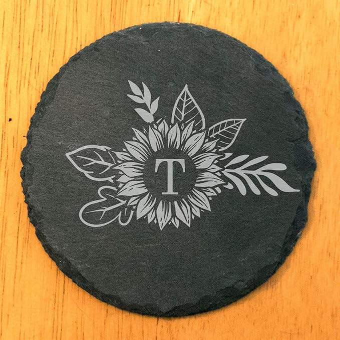 Personalized Monogram Family Coasters, Natural Stone Set, Birthday, Wedding, Customized, Rustic - Round Slate - Set of 6