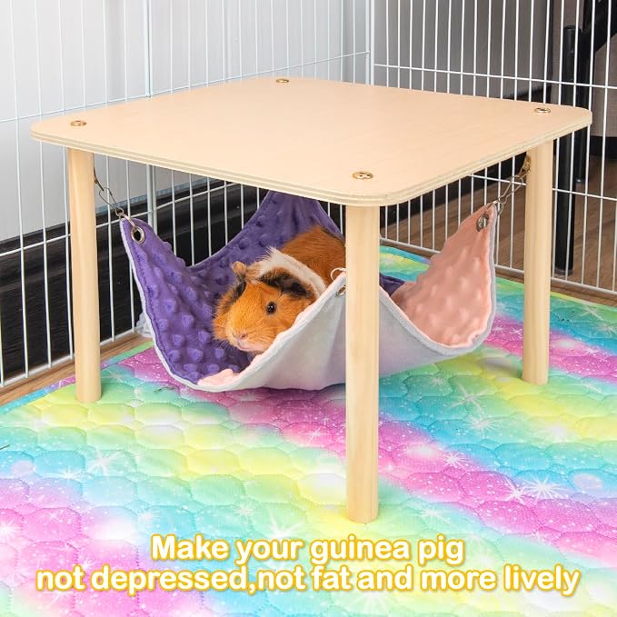 BESNEW Enlarged Guinea Pig Hammock with Wooden Stand,Small Animal Hanging Bed Large Platform for Guinea Pigs Bunny Ferret Hamster Hiding Sleeping 13L x 13W x 11H in