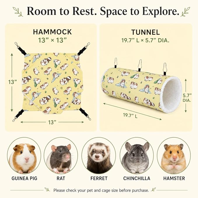 Small Pet Hammock & Tunnel Set for Ferrets, Guinea Pigs, Rats - Plush Hideout Bed & Cage Toy, 2-Pack, Yellow Guinea Pig Print