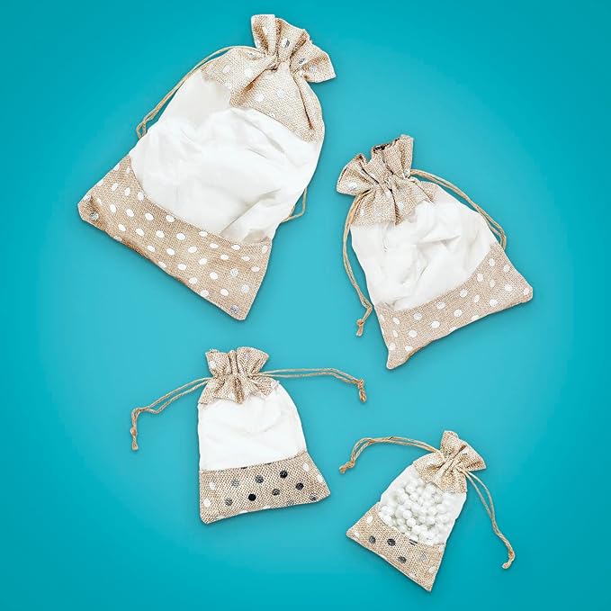 12-Pack Large Linen Burlap & Organza Gift Bags w. Drawstrings (6.5x8.5 in, Beige/Silver Polka) - Party Favors, Presents, Samples & Treats Mesh Pouch by The Display Guys