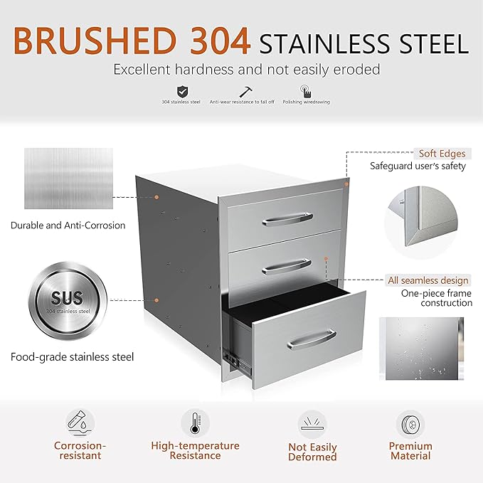 Outdoor Kitchen Drawers Stainless Steel 18W X 21H X 23D Inch, Flush Mount Triple BBQ Island Drawers with Handle for Outdoor Kitchens, Patio or Grill Station