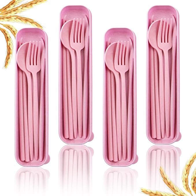 4 Sets Reusable Utensils Set with Case,Camping Cutlery Set Travel Silverware Set with Case Lunch Utensils Set for Work,Utensil Sets for Lunch Picnic Daily Use Outdoor (Pink)