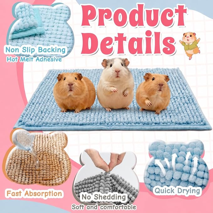 Guinea Pig Cage Liner, 4 PCS Washable Guinea Pig Bedding Fleece Mat | Reusable Pee Pads for Small Animals, Bunny Rabbit Hamster Chinchilla Cage Accessories 16x12 Inch Blue