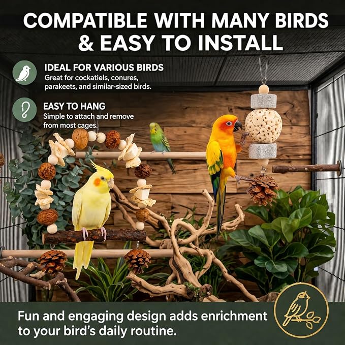 2 Pack Natural Bird Toys Set - Prickly Ash Wood Arch Swing with Walnuts & Cuttlebone - Sola Ball Shreddable Toy with Beak Grinding Pumice Stone, Cage Accessories for Cockatiel, Conure, Parakeets
