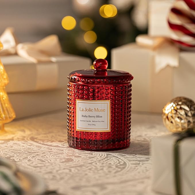 LA JOLIE MUSE Christmas Candle | Ruby Berry Bliss | Mandarin Cranberry & Plum | 10 oz Festive Candle | 55 Hours Clean Burn | Gift for Women & Family