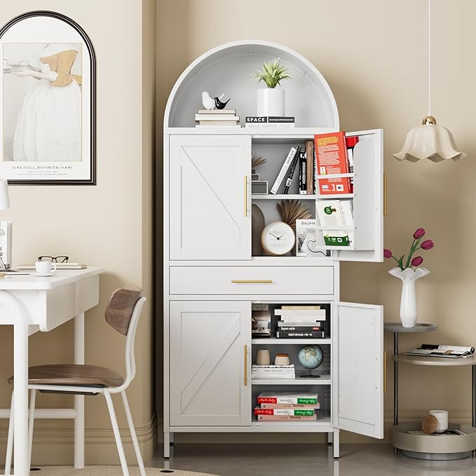 Metal Arched Kitchen Pantry Cabinet with Adjustable Shelves and Drawer,Farmhouse Pantry Cabinet with 2 Doors for Kitchen,Dining Room, Assembly Required,White