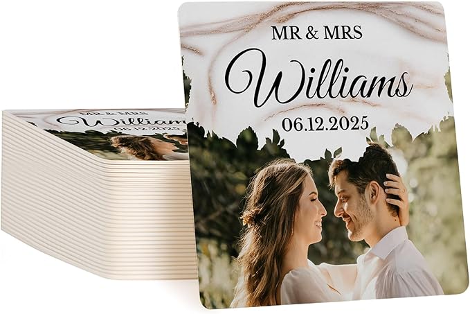 20 Pack Personalized Wedding Coasters, Custom Cardboard Coasters for Drinks with Photo Print and Text, Keepsake Wedding Favors and Gifts for Couples, 4x4 Square, Design 6