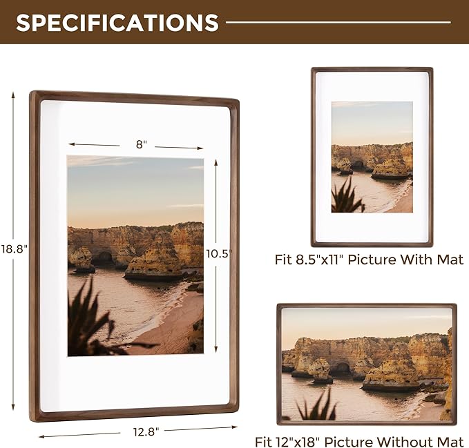 12x18 Frame USA-Sourced Natural Walnut Wood Solid Wood Photo Frame Handcrafted Rounded Corner with Mat to 8x12 Picture Display with Real Glass Family Picture, Wedding Photo, Certificate