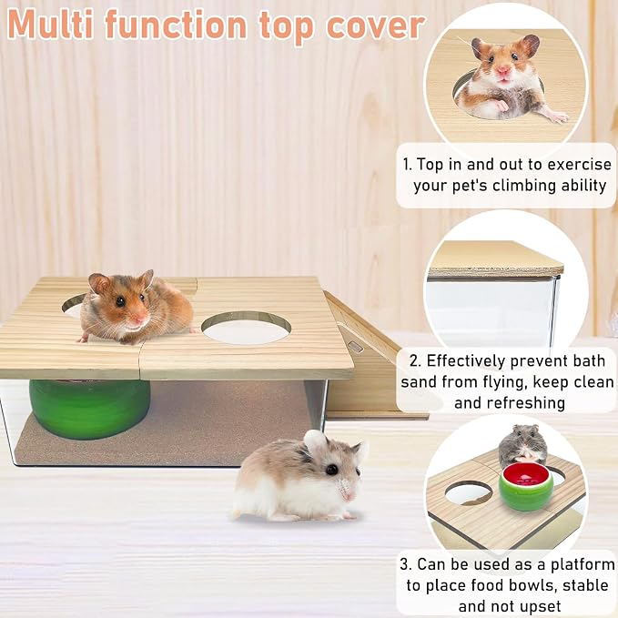 PINVNBY Hamster Sand Bath Box, Transparent Acrylic Shower, Gerbils Digging Room Container with Climbing Ladder and Ceramic Bowl, Litter Box for Hamsters Guinea Pigs Mice (Two Hole)