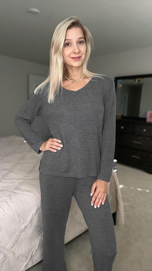 Ekouaer Womens 2 Pack Pajama Set Long Sleeve Pajamas Top and Pants V Neck Pjs Set Soft Loungewear with Pockets