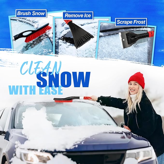DIYSELF 27" Snow Brush with Two-Size Ice Scrapers for Car Windshield, 4 Pack Detachable Snow Removal Tool, Ergonomic Foam Grip, Snow Scraper for Car, Trucks, SUV, Christmas Stocking Stuffers for Men