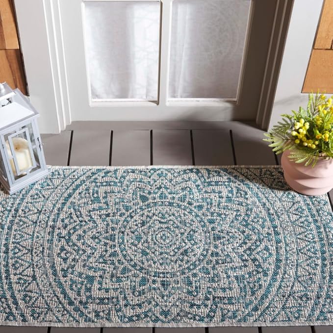 SAFAVIEH Washable Rug Outdoor Courtyard Collection - 2'3" x 5', Light Grey & Teal, Non-Shedding & Easy Cleaning, Ideal for Patio, Front Door, Entryway, Mudroom, Doormat (CY8734-37212)