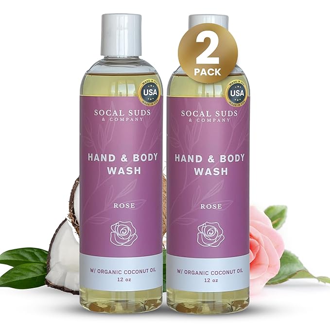 SoCal Suds & Company - 12oz Organic Soap Liquid, Gentle Hand & Body Wash, Organic Body Wash for Men and Women, Made w/Organic Oils & Coconut Oil, Bath Essentials for All Skin Types - 2pk Rose