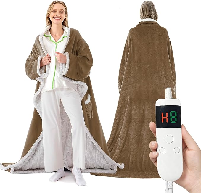 Wearable Heated Blanket With Sleeves & Foot Pocket, Heated Throw Blankets Fast Heating Blanket With 10 Heat Settings Auto Shut Off Over-Heat Protection-Warm Gift, Machine Washable, 52”*72”+18”