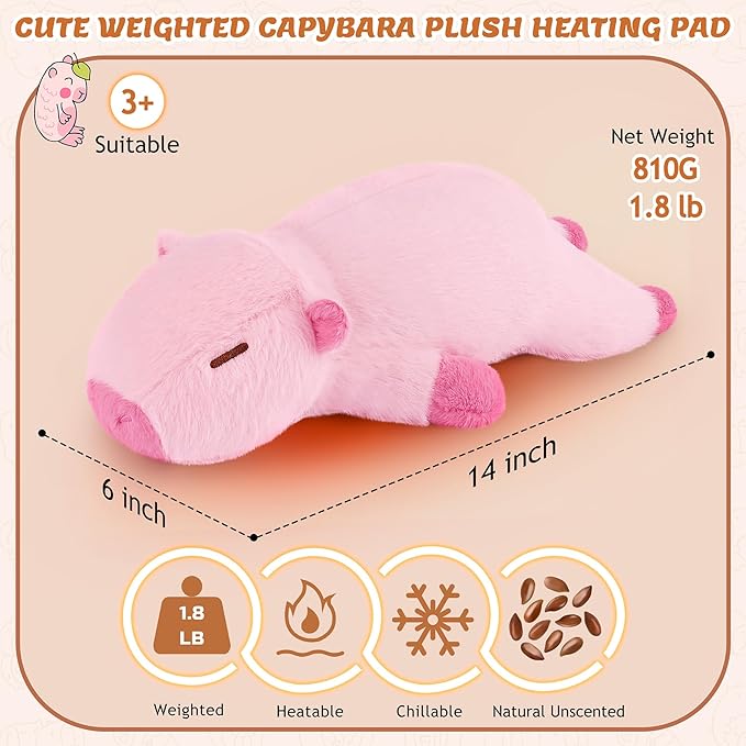1.8lb Pink Capybara Stuffed Animals Plush Microwavable Heating Pad-Pink Capybara Heating Pads for Cramps &Period Pain Relief, Heatable & Coolable Stuffed Animals Bedtime Birthday Gift for Women Kids