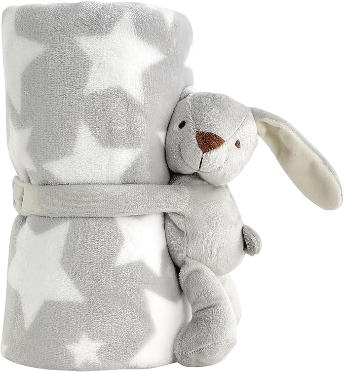 CREVENT 30"X40" Cozy Soft Warm Fleece Baby Blanket for Girls Boys, Newborn Essentials for Infant, Baby Shower Receiving Gift - Star Grey 75X100cm + Hugging Bunny