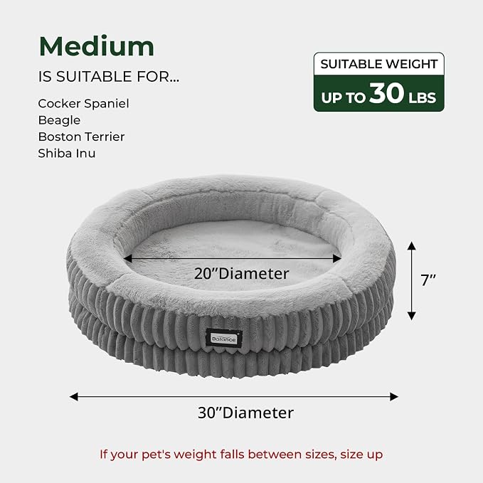 BALANCE Donut Dog Bed, 30 Inches Round Dog Bed Medium Size Dogs Washable, Orthopedic Calming Dogs Beds for Kitten, Fluffy Plush Faux Fur Pet Bed with Anti-Slip Bottom