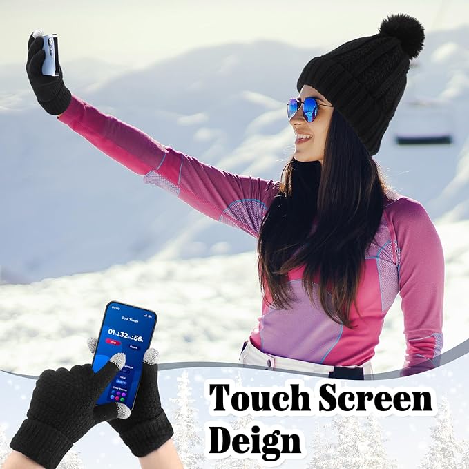 SATINIOR 5 Pcs Winter Satin Lined Hat Scarf Gloves Set Knit Pompom Beanie Warm Touchscreen Glove Earmuff Ear Warmer for Women