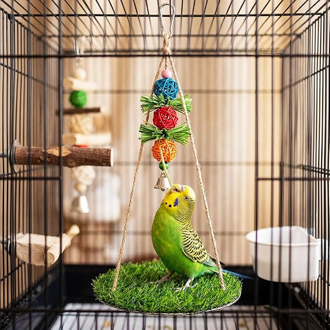 Bird Toys Bird Swing with Grass Platform Wooden Perch Stand Adjustable Rope and Rattan Chew Balls Large Bird Playground for Parakeets Cockatiels Conures Cage Accessories