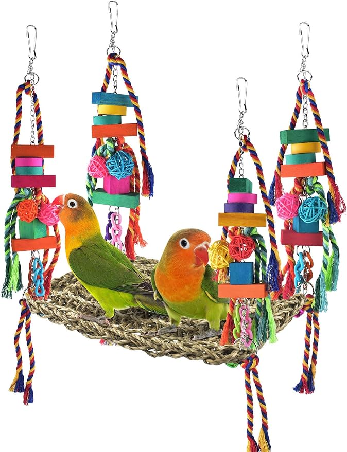 KATUMO Bird Toys, Bird Foraging Wall Toy Large Size Seagrass Woven Climbing Hammock Swing Mat with Colorful Chewing Toys for Lovebird, Parakeet, Budgie, Conure, Cockatiel, Small Birds | Hand-Woven Seagrass Toy with Chew Accessories, Supports Climbing, ...