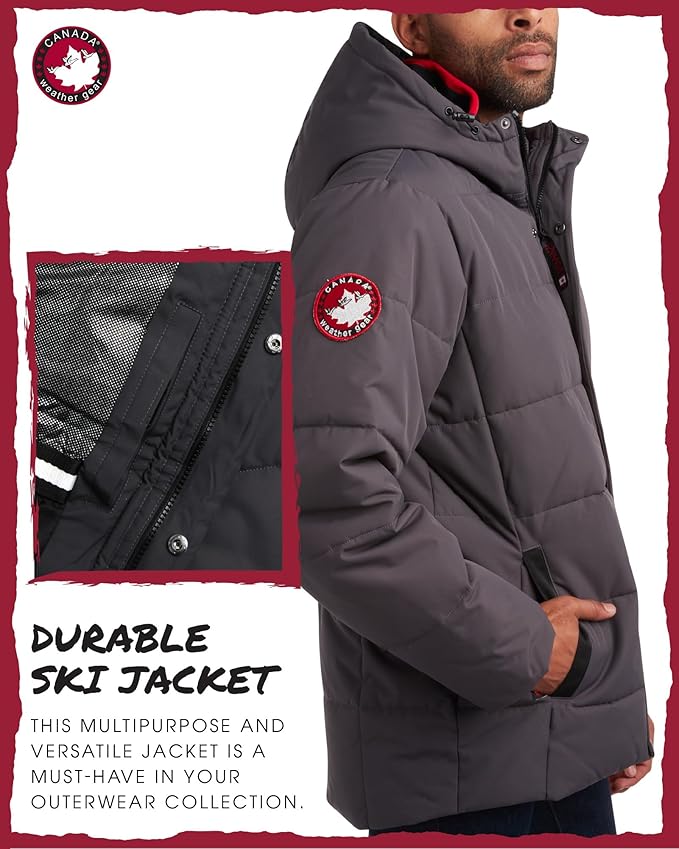CANADA WEATHER GEAR Mens Winter Puffer Jacket - Heavyweight Insulated Ski Jacket Hooded Mens Coats Weather Resistant Coat