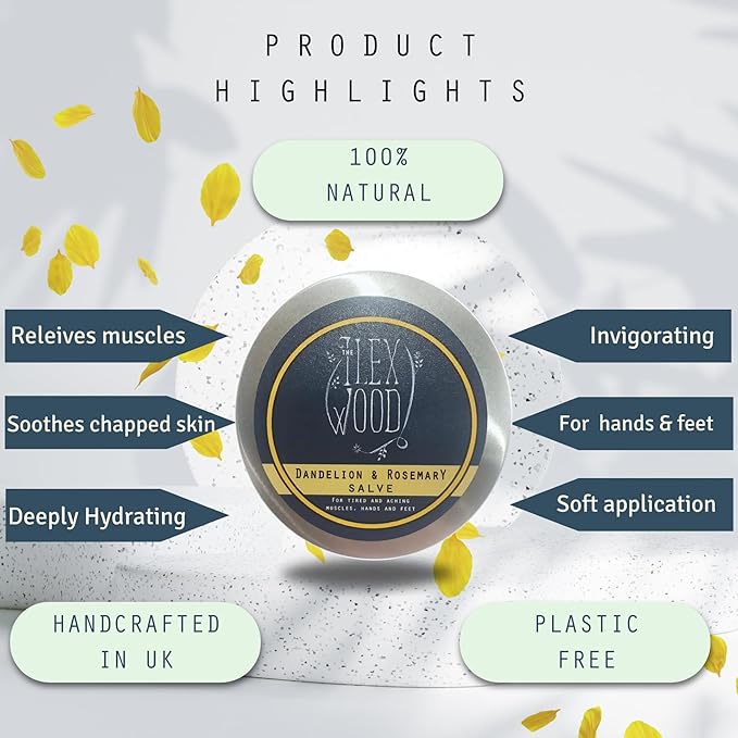 The Ilex Wood - Dandelion and Rosemary Salve - 100% Natural, Vegan, Massage Balm, Sore Muscles, Dry Skin, cruelty free, plastic free, handcrafted - 3.38 fl oz (100ml)