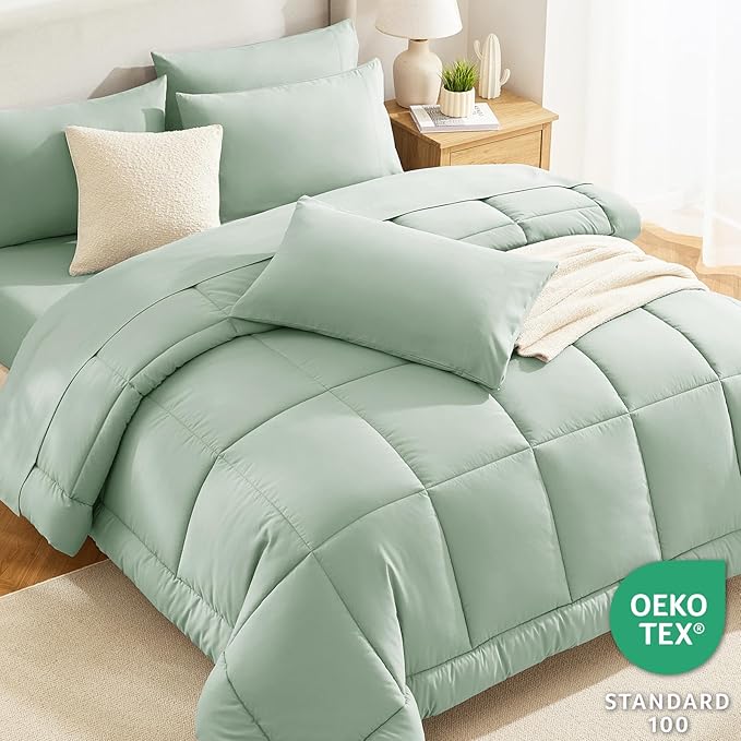 CozyLux King Size Comforter Set Sage Green, 7 Pieces Bed in a Bag, Green Comforter King Size, All Season Bedding Sets with Stitch Quilted Comforter, Flat Sheet, Fitted Sheet, Pillowcases