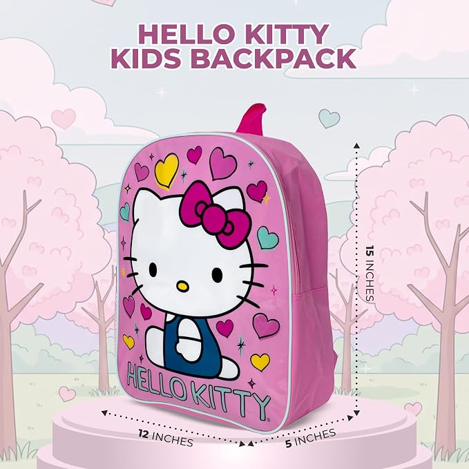 AI ACCESSORY INNOVATIONS Hello Kitty Kids Backpack, Elementary School Girls Book Bag with Padded Straps, Pink