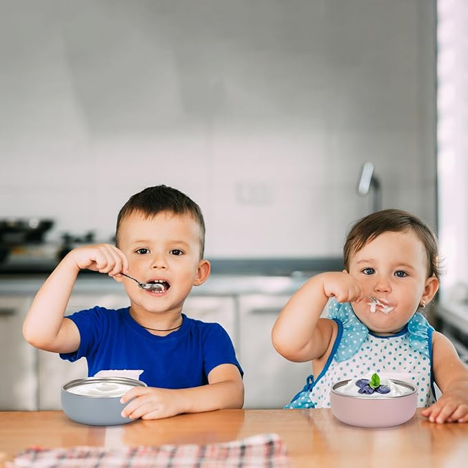 ShineMe Stainless Steel Baby Bowls, 2 pack Toddler Bowls with Removable Colorful Silicone Sleeve, Unbreakable Kids Bowls Non-Slip for Candy, Soup, Cereal, Yogurt, Snacks...