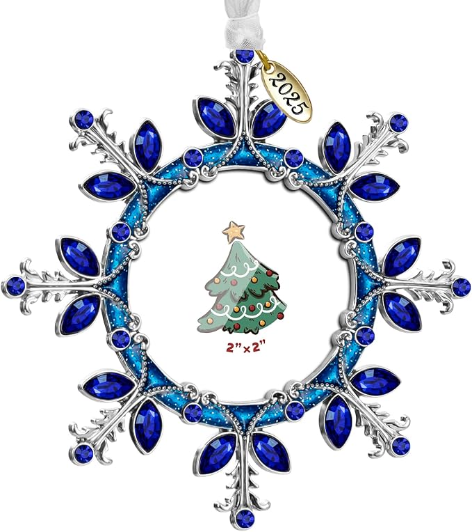 2025 Christmas Tree Ornament Snowflake Picture Frame Metal Hanging Pendant Holiday 2" Photo Frame Charm Decorative of Pets, Baby First Christmas, Family (Blue)