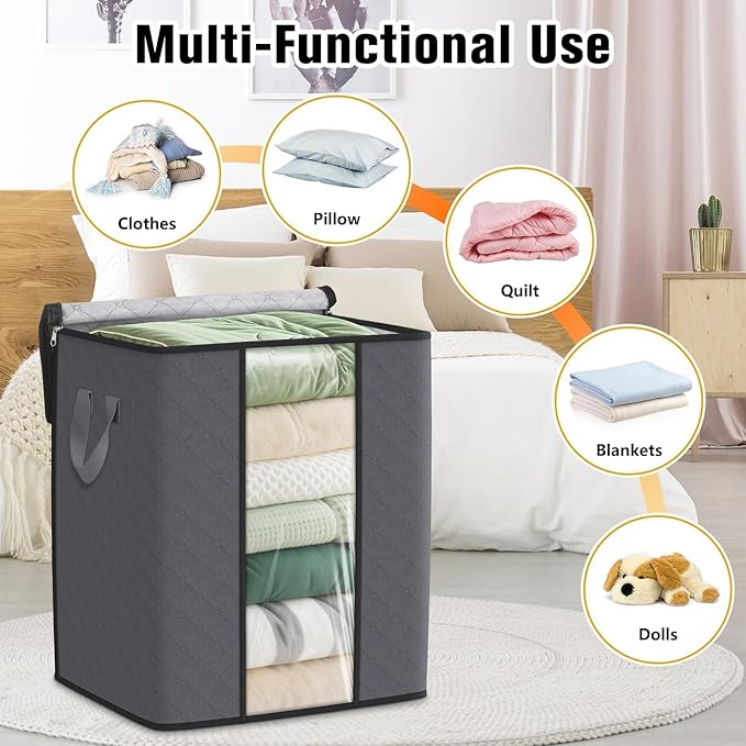 Clothes Storage Bags, 8-Pack Comforter Blanket Organizers, 80L Large Capacity Containers with Visual Window for Clothing, Quilt, Sheet, Pillow, Closet Organization for Bedding (Grey)
