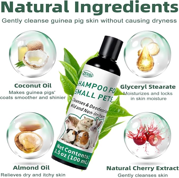 Guinea Pig Shampoo 3.5 oz - Gentle Shampoo for Small Pets Including Ferrets, Rabbits, Hedgehogs, Hamsters & Sugar Gliders - Hypoallergenic, Fragrance-Free, Soothes Itchy Skin & Removes Odors