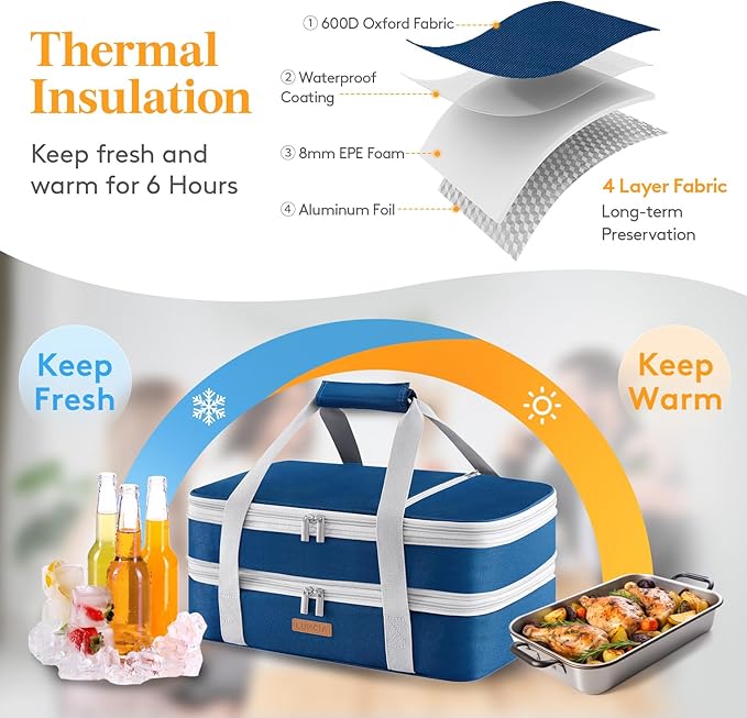 LUNCIA Insulated Double Decker Casserole Carrier, Lasagna Lugger Tote Keeps Food Hot or Cold, Thermal Lunch Bag for Potluck Parties, Picnic and Cookouts, Fits 9" x 13" Baking Dish, Pure Blue