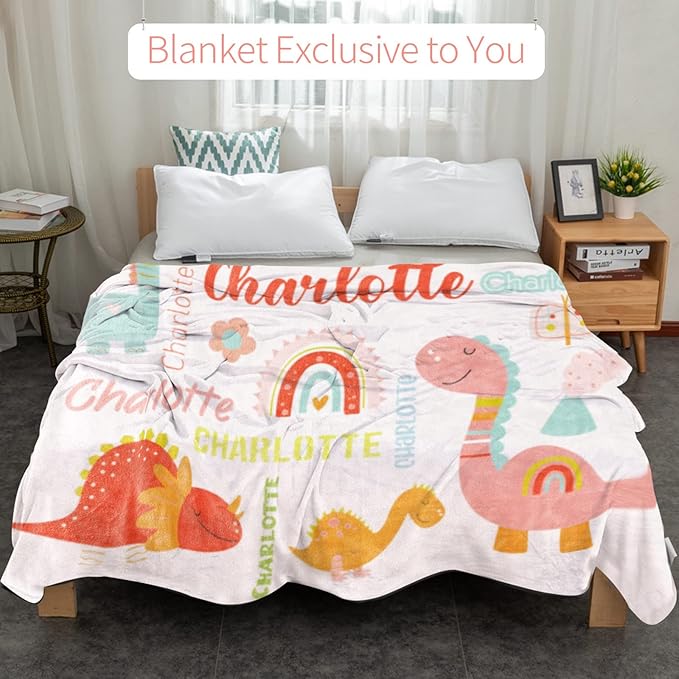 Personalized Dinosaur Blanket with Name for Girl, Custom Name Blanket for Kids, Soft Flannel Pink Dinosaur Toddler Blanket Customized Gift for Birthday Christmas Baby Shower Newborn Gift 60" X 80"