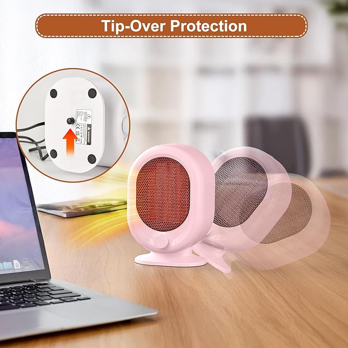 Mini Space Heater,1500W Small Desk Heater,2 Gears Adjustable,PTC Ceramic Heating,Tip-over & Overheat Protection,Fast Heating and Super Quiet Pink
