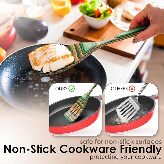 Pakkawood 7-Piece Wooden Cooking Utensil Set-Wood Kitchen Utensil Set, Wooden Spoons for Cooking, Nonstick Safe Non-Toxic Wooden Cooking Tools by HOWHONG (Oasis Color)