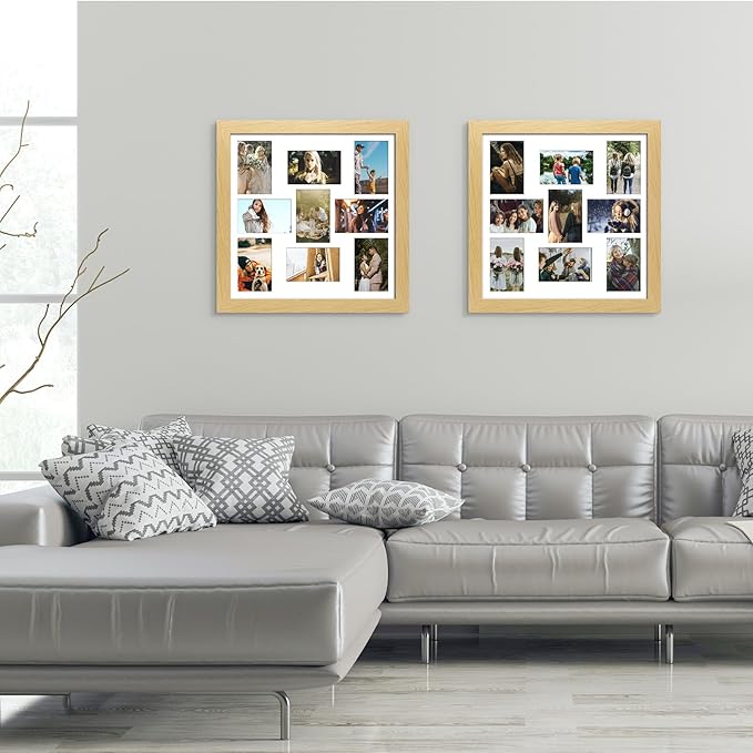 17x17 Picture Frame Display 9 opening 4X6 Picture Frame Collage,Multi Photo Frame with Mat,Plexiglass,Wall Mount Decor,Natural Wood Grain